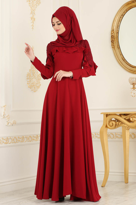 Omuzları Dantel Detaylı Kırmızı Tesettür Abiye Elbise 3746K