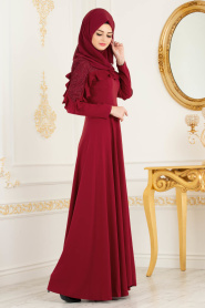 Omuzları Dantel Detaylı Kırmızı Tesettür Abiye Elbise 3746K - Thumbnail