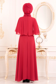 Pul Detaylı Kırmızı Tesettür Abiye Elbise 3762K - Thumbnail