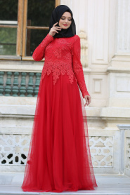 Dantelli Boncuk Detaylı Kırmızı Tesettür Abiye Elbise 7691K - Thumbnail