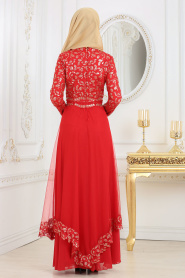 Pul Payet Detaylı Kırmızı Tesettür Abiye Elbise 6375K - Thumbnail