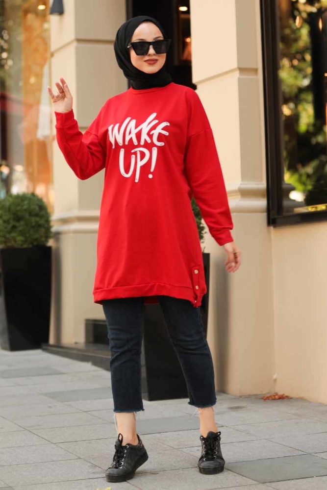 Neva Style - Red Hijab Sweatshirt 10480K - 1