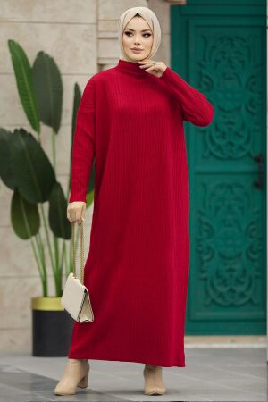 Neva Style - Red Muslim Long Knitwear Dress Style 34150K - 1