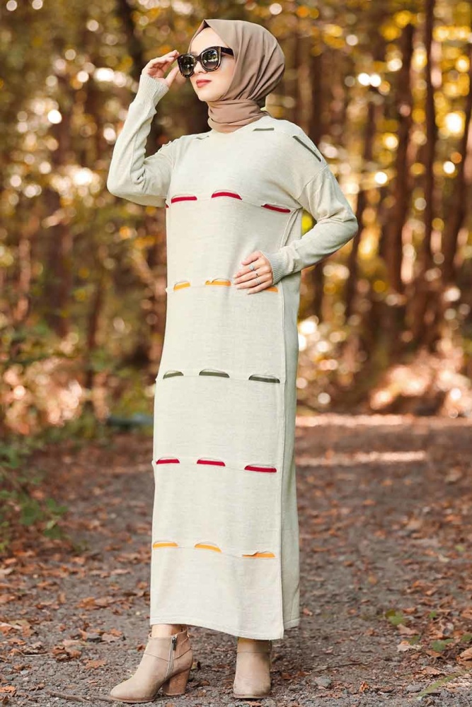 Neva Style - Renk Detaylı Bej Tesettür Triko Elbise 1052BEJ - 1