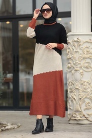 Neva Style - Renk Detaylı Bej Triko Elbise 1171BEJ - Thumbnail