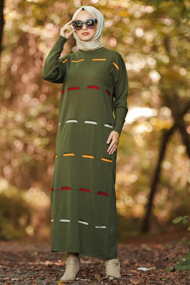 Neva Style - Renk Detaylı Haki Tesettür Triko Elbise 1052HK - 1