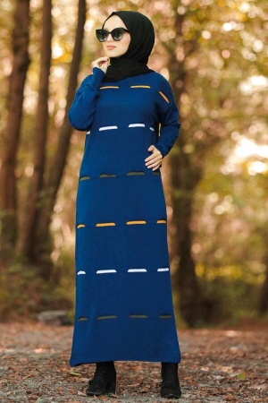Neva Style - Renk Detaylı İndigo Mavisi Tesettür Triko Elbise 1052IM - 1