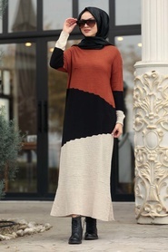 Neva Style - Renk Detaylı Kiremit Triko Elbise 1171KRMT - Thumbnail