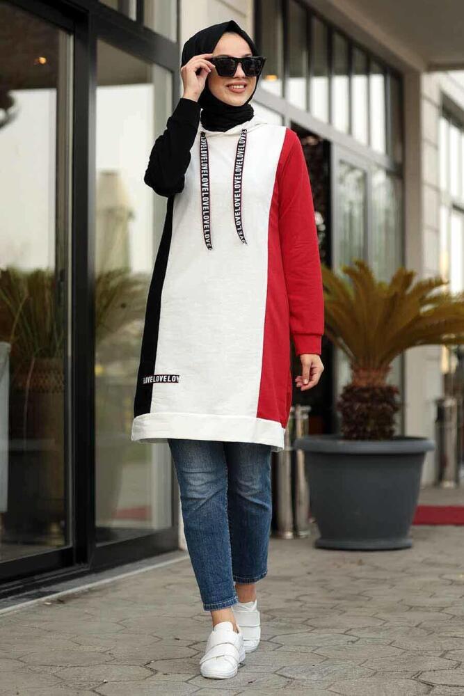 Neva Style - Renk Detaylı Kırmızı Tesettür Sweatshirt & Tunik 1162K - 1