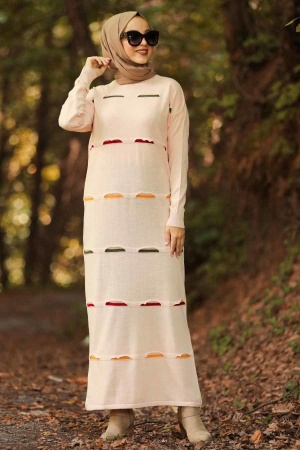 Neva Style - Renk Detaylı Pudra Tesettür Triko Elbise 1052PD - 1