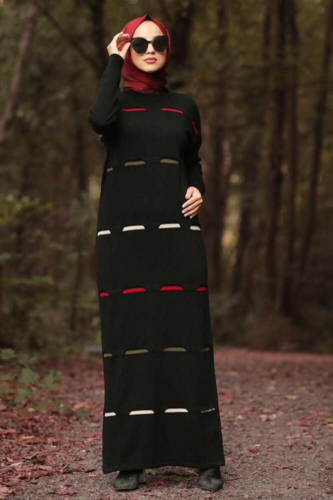 Neva Style - Renk Detaylı Siyah Tesettür Triko Elbise 1052S - 1