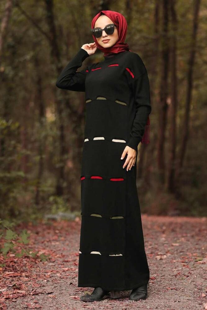 Neva Style - Renk Detaylı Siyah Tesettür Triko Elbise 1052S - 2