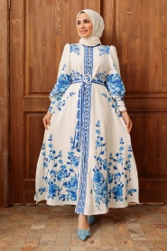 Neva Style - Robe Atlas Hijab Ecru 22133E - Thumbnail