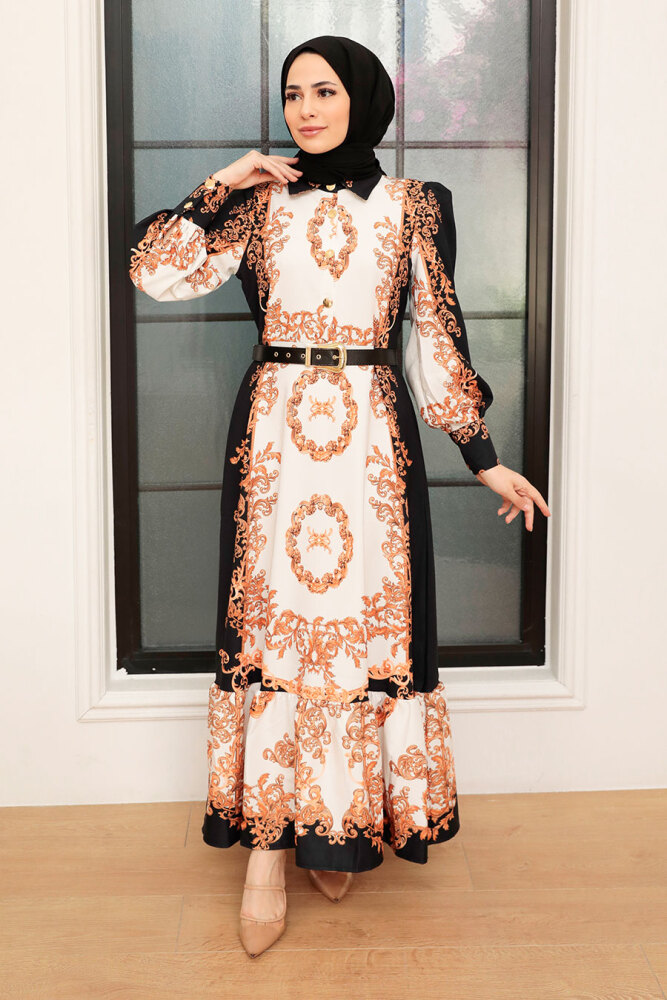Neva Style - Robe Atlas Hijab à motifs 22235DSN - 3