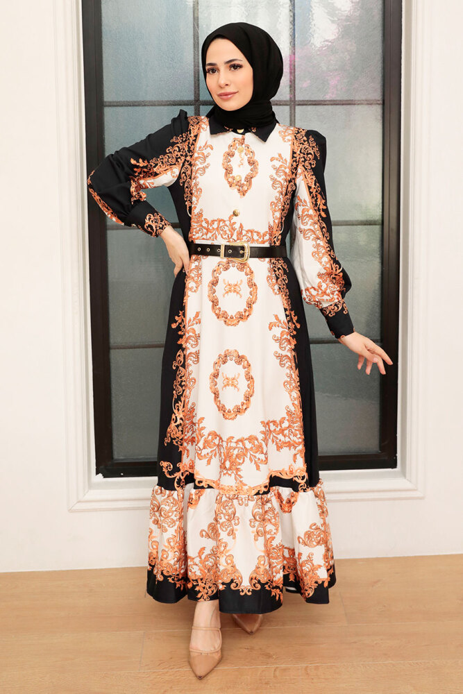 Neva Style - Robe Atlas Hijab à motifs 22235DSN - 2