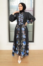 Neva Style - Robe Atlas Hijab Noire 22131S - Thumbnail