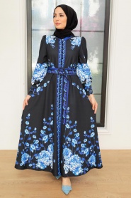 Neva Style - Robe Atlas Hijab Noire 22133S - Thumbnail
