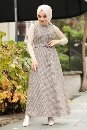 Robe longue et couvrante à petits carreaux Jile – Beige 22540BEJ - 1