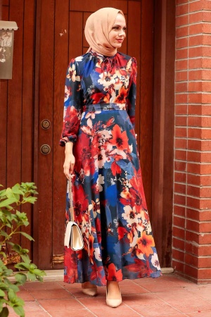 Robe longue et couvrante à motifs floraux – Bleu marine 71021L - 1