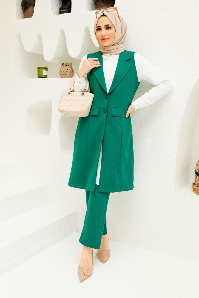 Neva Style - Robe Costume Hijab Vert Amande 5682CY - 3