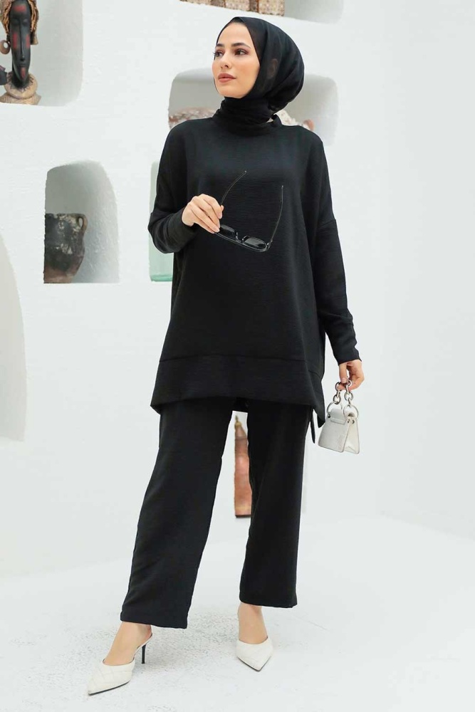 Neva Style - Robe de Costume Double Hijab Noir 13010S - 3