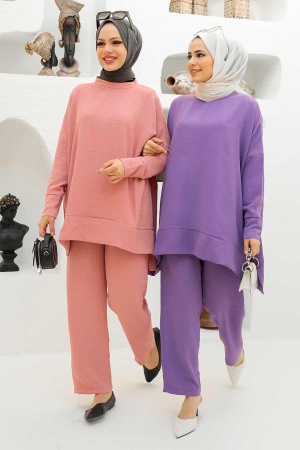 Neva Style - Robe de costume double hijab rose poudré 13010PD - 3