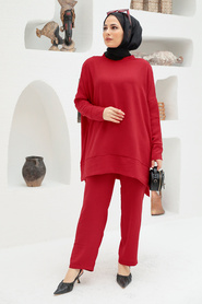 Neva Style - Robe de costume double hijab rouge 13010K - Thumbnail