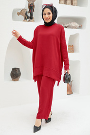 Neva Style - Robe de costume double hijab rouge 13010K - Thumbnail