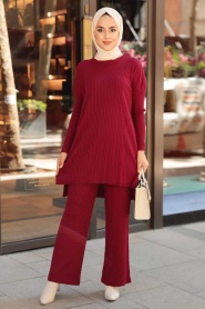 Neva Style - Robe de Costume en Tricot Hijab Rouge Bordeaux 33450BR - Thumbnail
