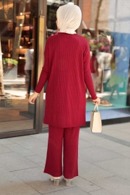 Neva Style - Robe de Costume en Tricot Hijab Rouge Bordeaux 33450BR - Thumbnail