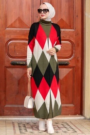 Neva Style - Robe de costume en tricot kaki Hijab 3181HK - Thumbnail