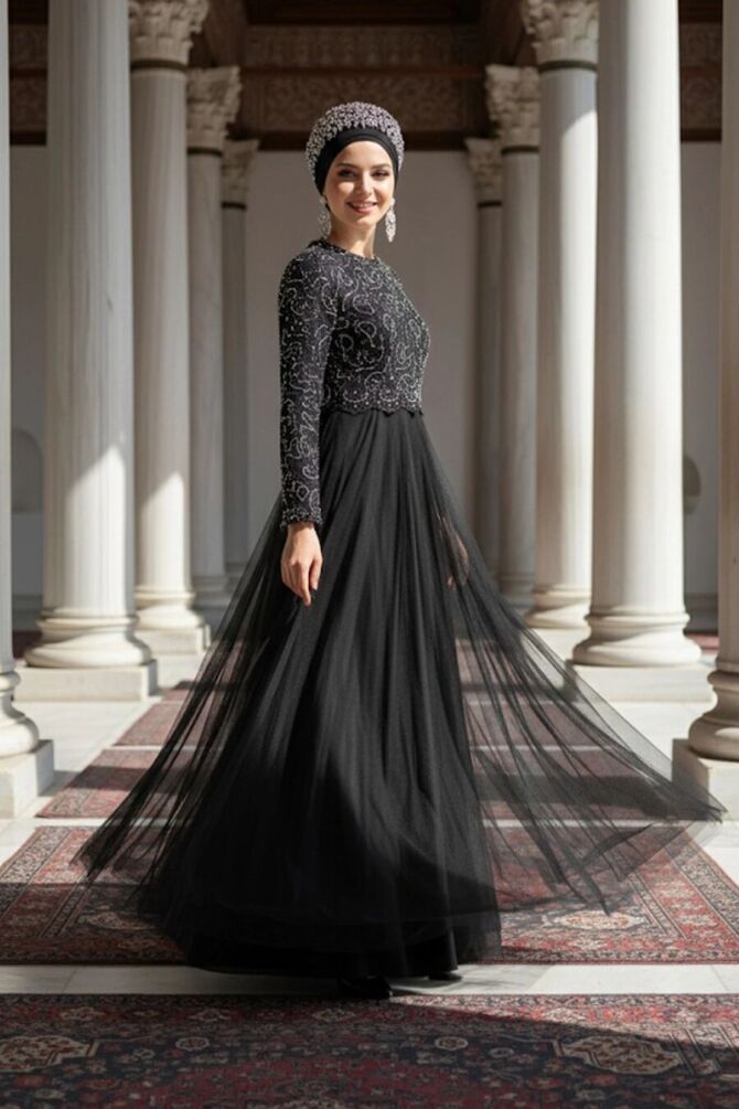 Robe de soirée longue et couvrante avec broderies de perles – Argenté 9160GMS - 1