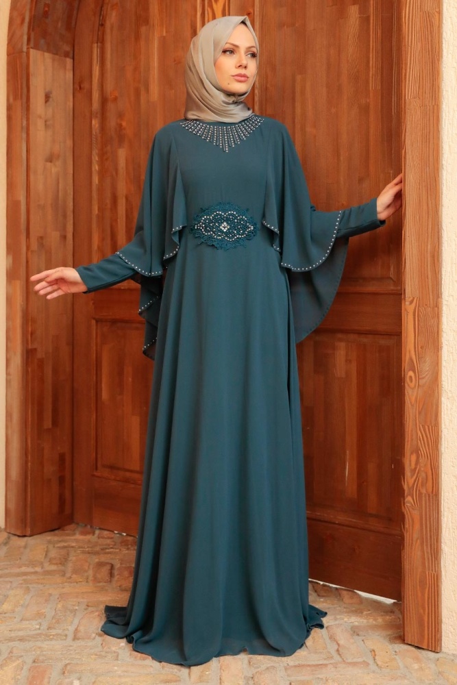 Neva Style - Robe de Soirée Hijab Bleu Pertol 91501PM - 1