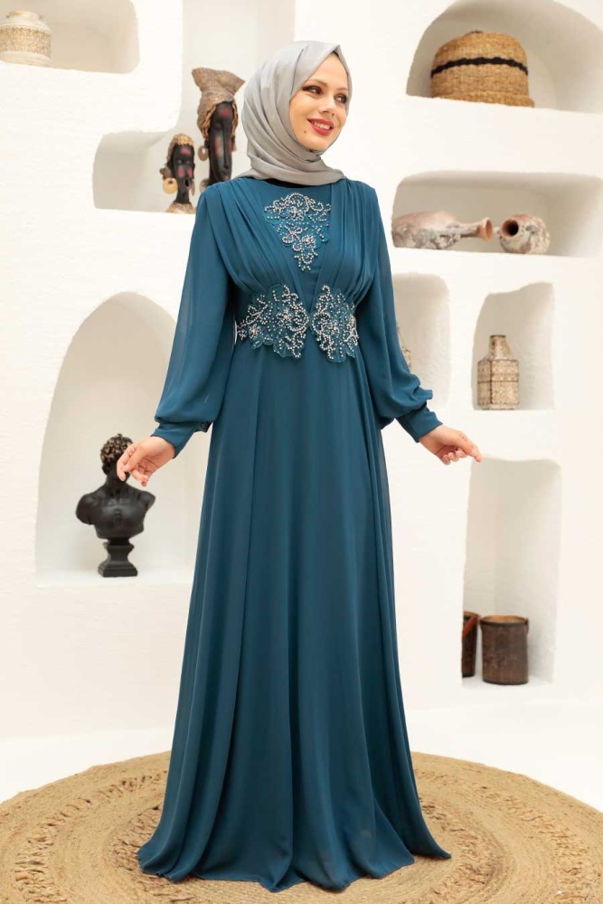 Neva Style - Robe de soirée Hijab bleu pétrole foncé 9118PM - 1