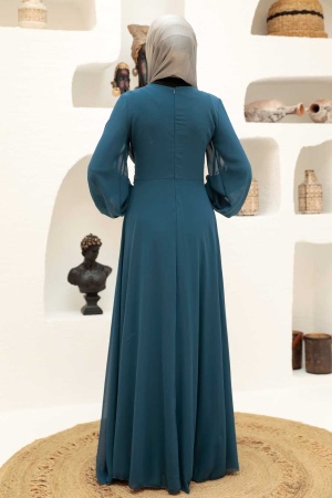 Neva Style - Robe de soirée Hijab bleu pétrole foncé 9118PM - 2