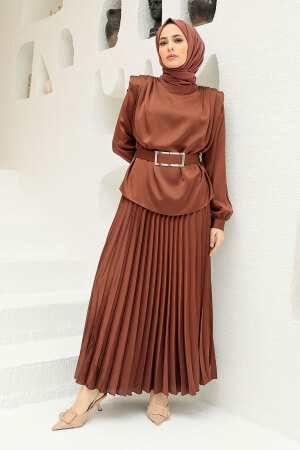 Neva Style - Robe de Soirée Hijab Marron 3456KH - 1