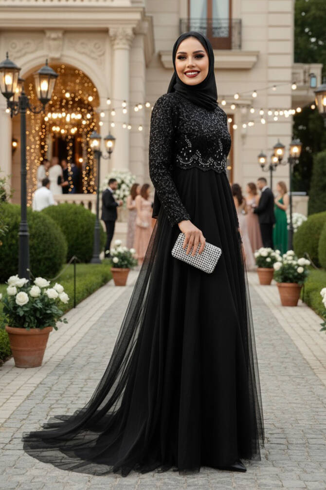 Neva Style - Robe de Soirée Hijab Noire 9160S - NEVA STYLE