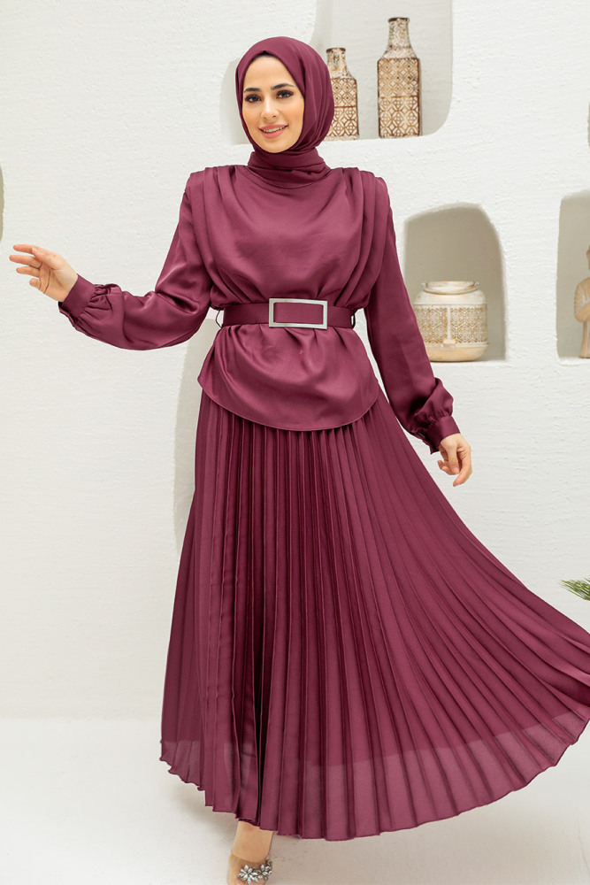 Neva Style - Robe de Soirée Hijab Rose Poudré Foncé 3456KGK - 1