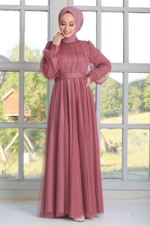 Neva Style - Robe de soirée Hijab rose séchée 50080GK - Thumbnail