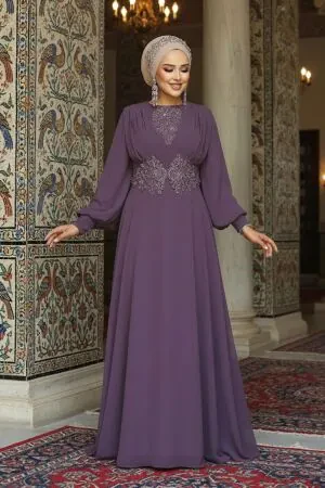 Neva Style - Robe de soirée Hijab séchée rose foncé 9118KGK - 1