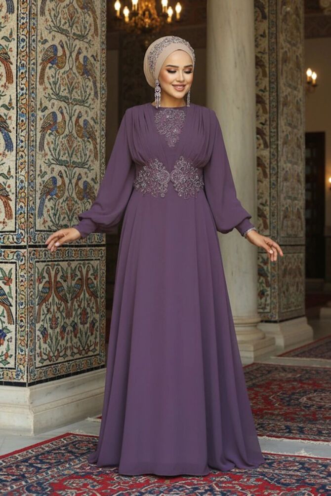 Neva Style - Robe de soirée Hijab séchée rose foncé 9118KGK - 1