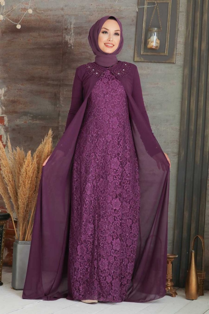 Neva Style - Robe de Soirée Hijab Violet 20803MOR - 1