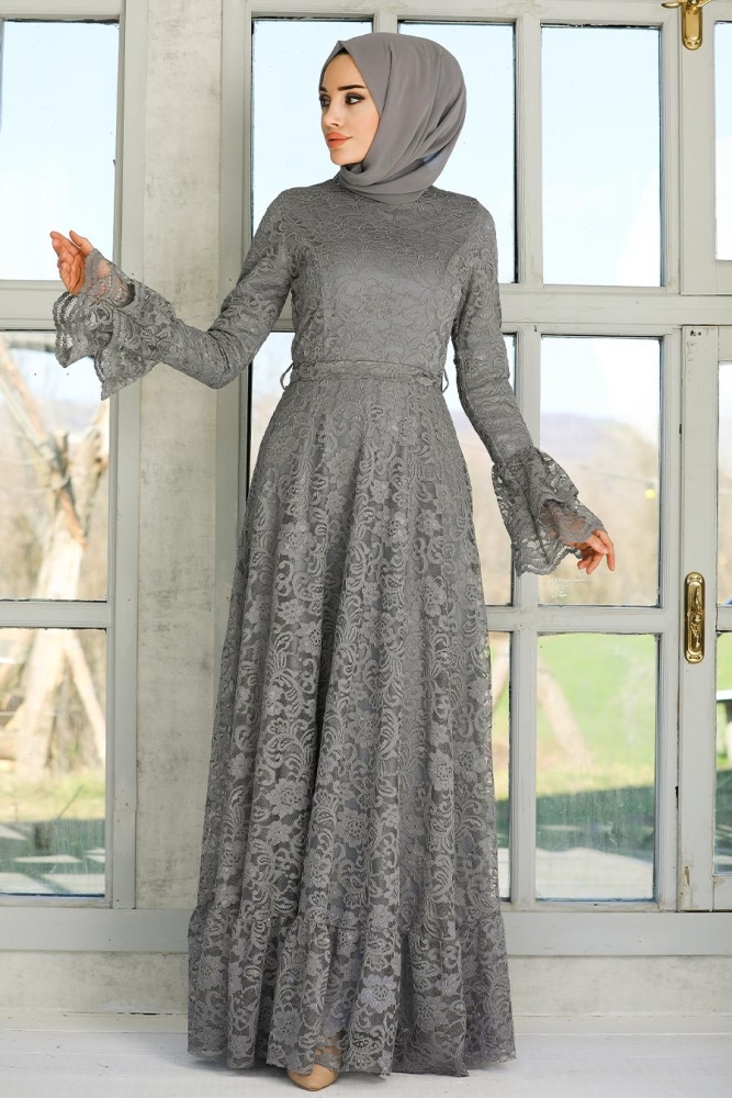 Neva Style - Robe de soirée islamique grise 5476GR - 1