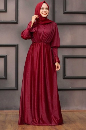 Neva Style -Robe de soirée islamique rouge bordeaux 5367BR - 1