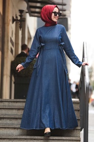 Neva Style - Robe Denim Hijab Bleu Marine 43190L - Thumbnail
