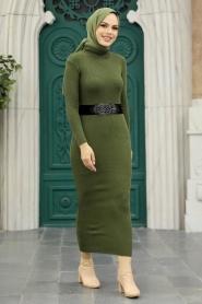 Neva Style - Robe en maille kaki Hijab 5248HK - Thumbnail