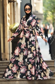 Neva Style - Robe en satin noire Hijab Kobe 53491S - Thumbnail