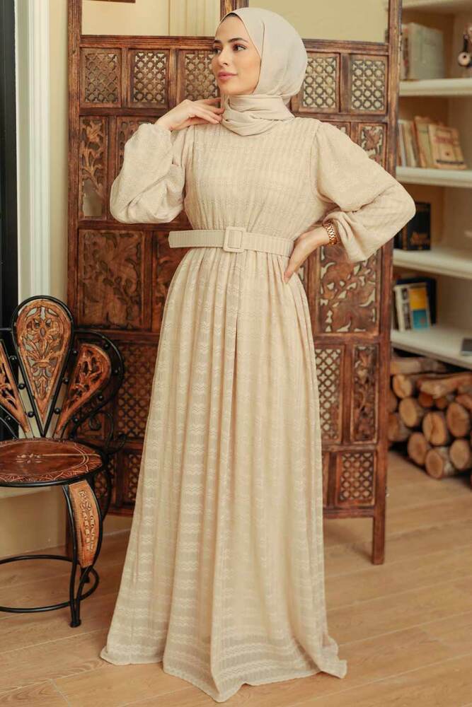 Neva Style - Robe Hijab Beige 10404BEJ - 2