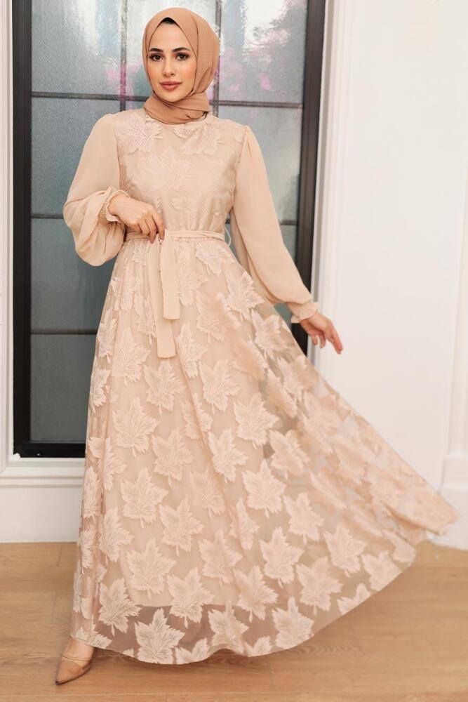 Neva Style - Robe Hijab Beige 1063BEJ - 2
