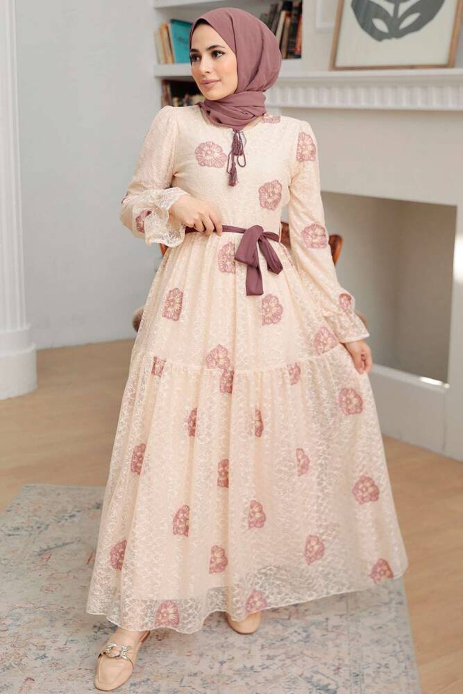 Neva Style - Robe Hijab Beige 1216BEJ - 1